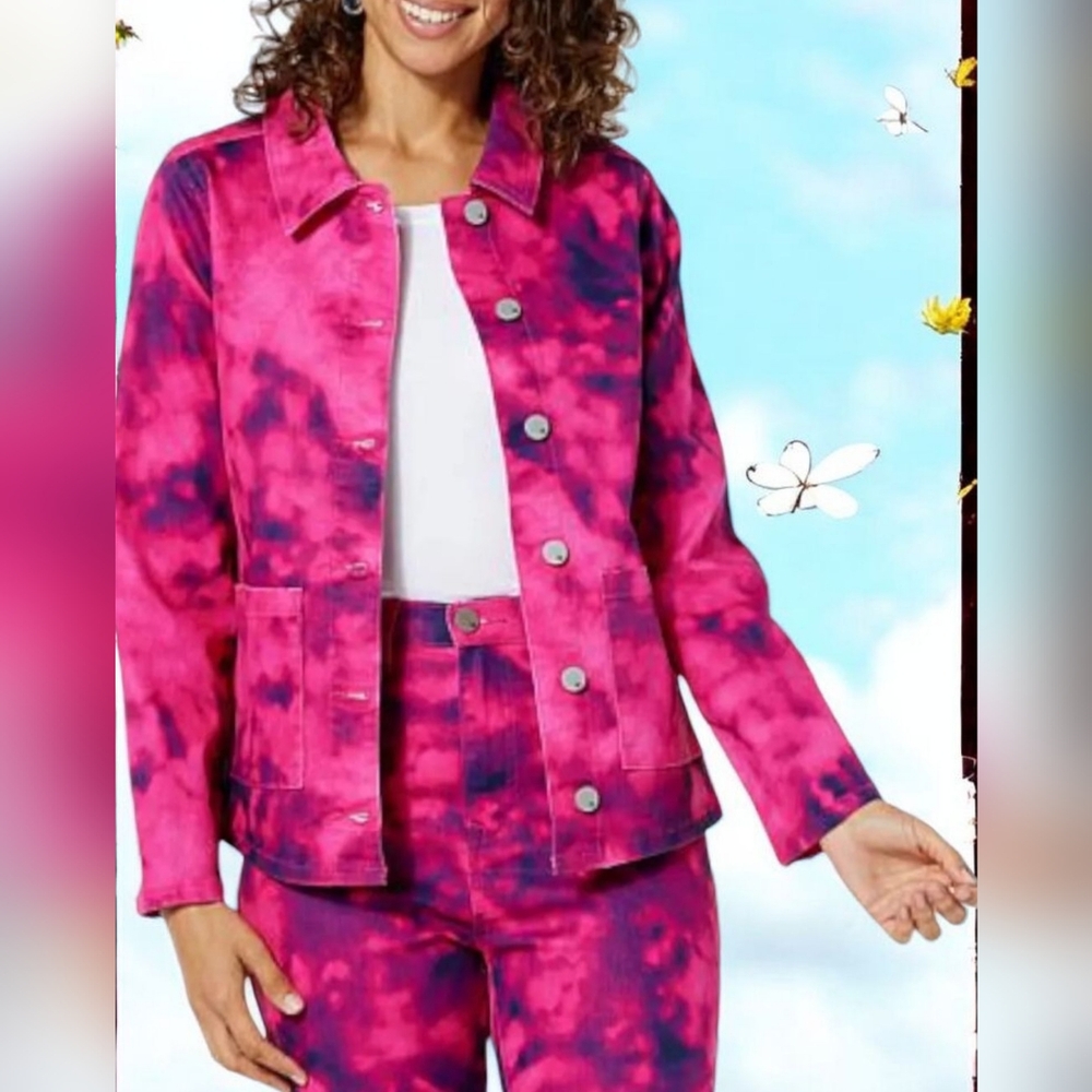 DG2 by Diane Gilman Classic Stretch Denim Chore Jacket Fuchsia Tie Dye
